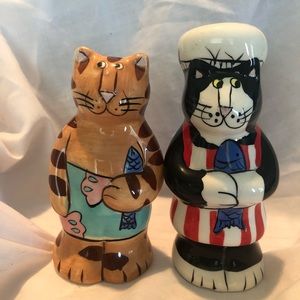 Cat salt and pepper ceramic chef and waiter shakers